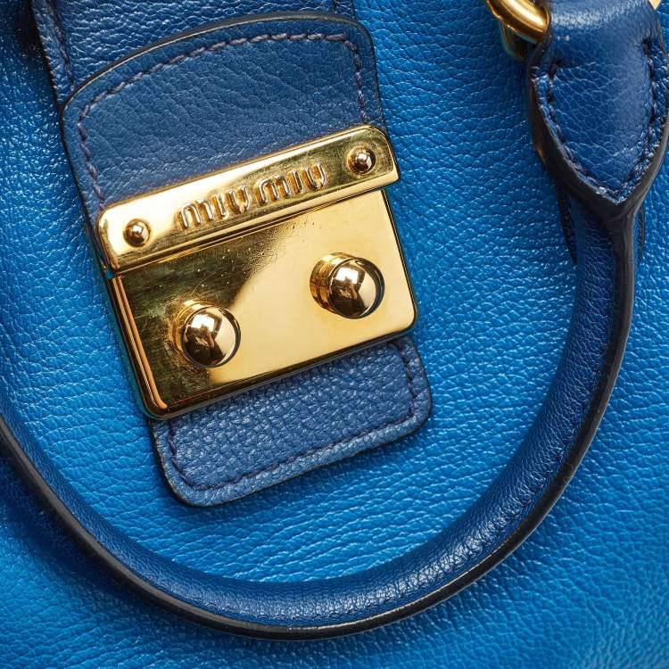Pre Owned Miu Miu Two Tone Blue Madras Leather Pushlock Tote