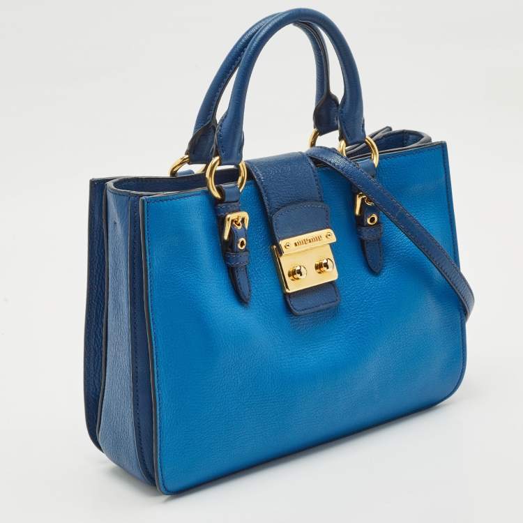 Pre Owned Miu Miu Two Tone Blue Madras Leather Pushlock Tote