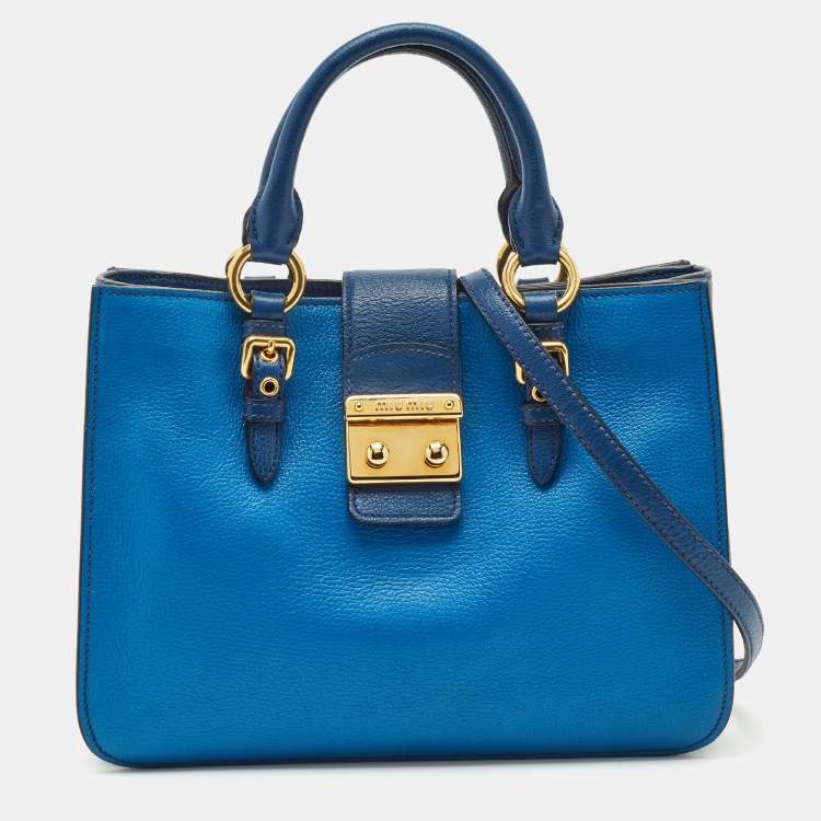 Pre Owned Miu Miu Two Tone Blue Madras Leather Pushlock Tote