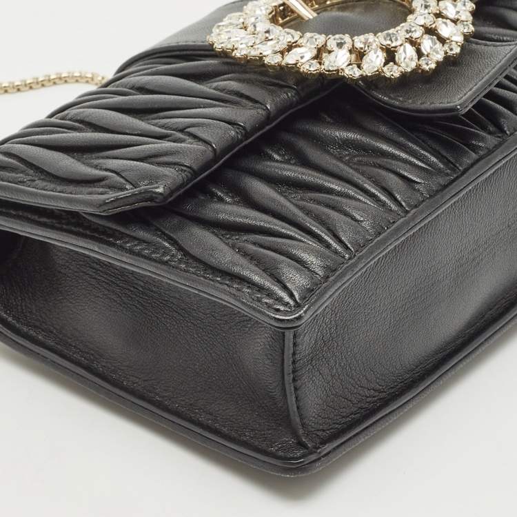 Pre Owned Miu Miu Black Matelassé Leather Crystals Buckle Chain Clutch