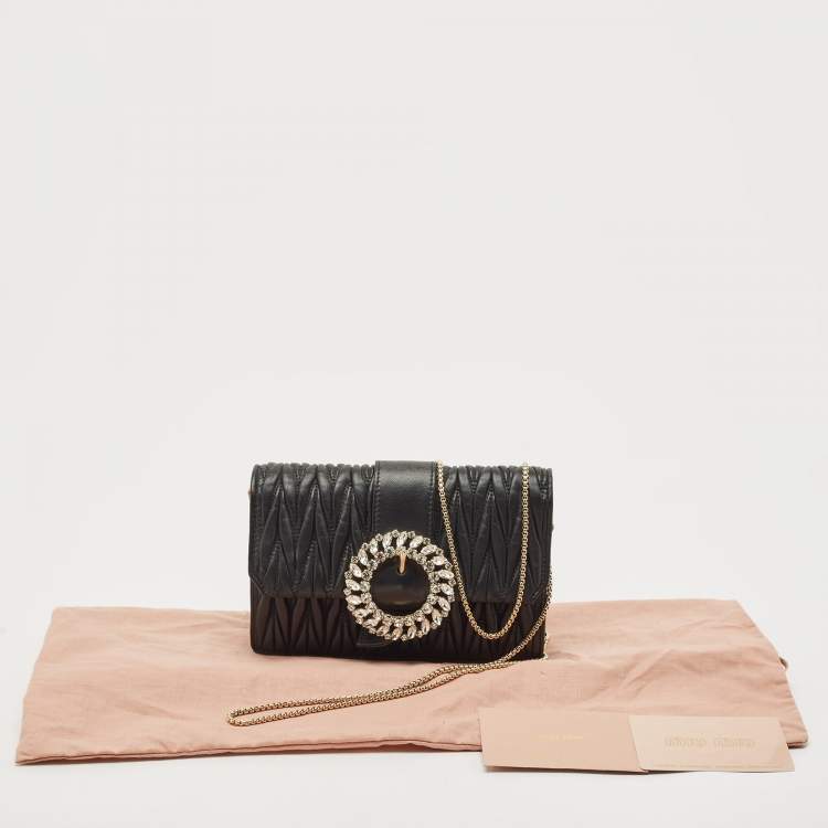 Pre Owned Miu Miu Black Matelassé Leather Crystals Buckle Chain Clutch