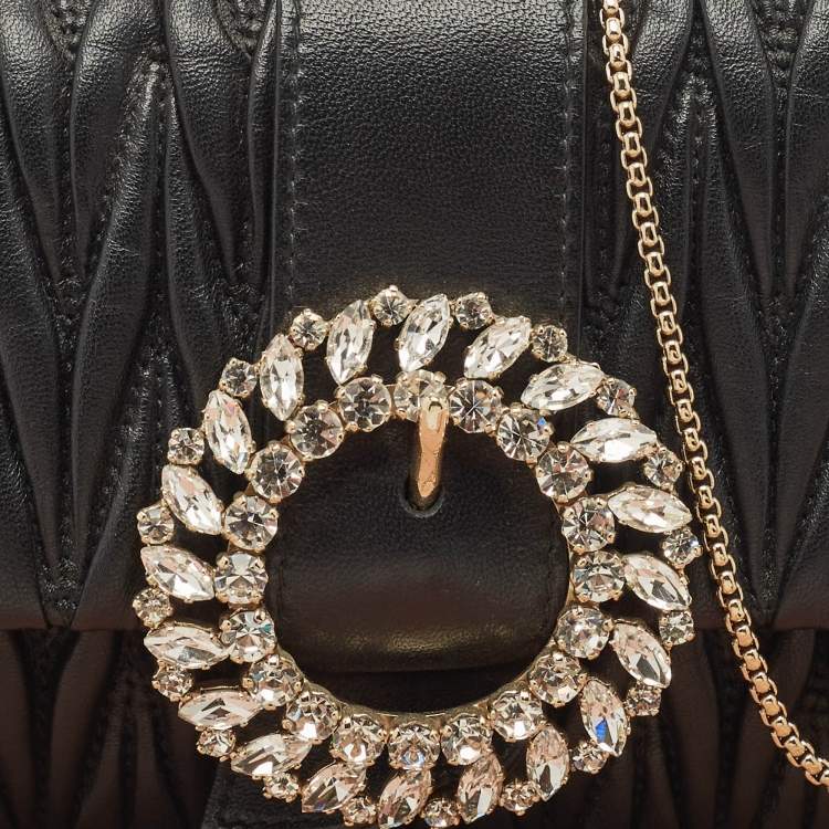 Pre Owned Miu Miu Black Matelassé Leather Crystals Buckle Chain Clutch