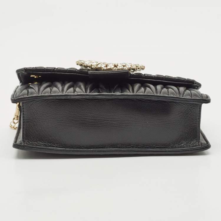 Pre Owned Miu Miu Black Matelassé Leather Crystals Buckle Chain Clutch