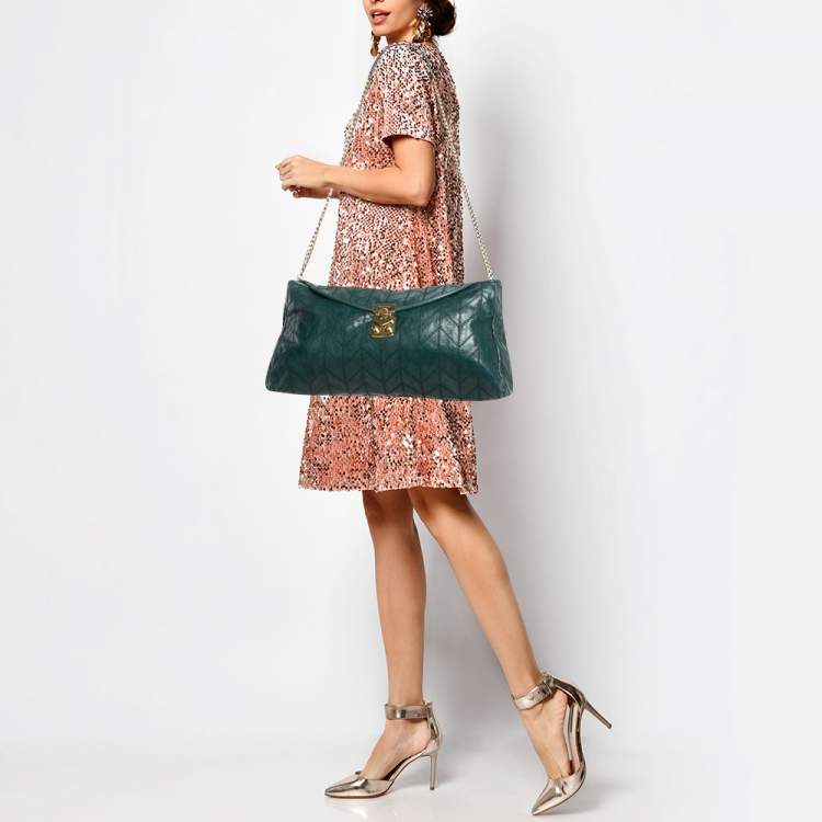 Pre Owned Miu Miu Green Vitello Shine Patchwork Leather Flap Chain Shoulder Bag