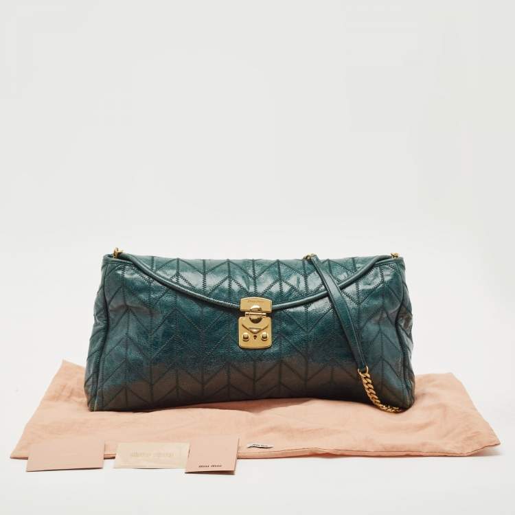 Pre Owned Miu Miu Green Vitello Shine Patchwork Leather Flap Chain Shoulder Bag