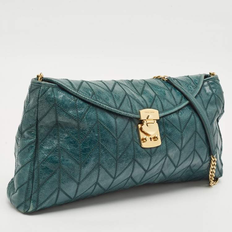 Pre Owned Miu Miu Green Vitello Shine Patchwork Leather Flap Chain Shoulder Bag