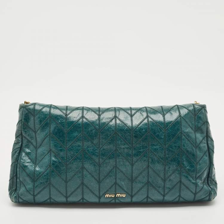 Pre Owned Miu Miu Green Vitello Shine Patchwork Leather Flap Chain Shoulder Bag