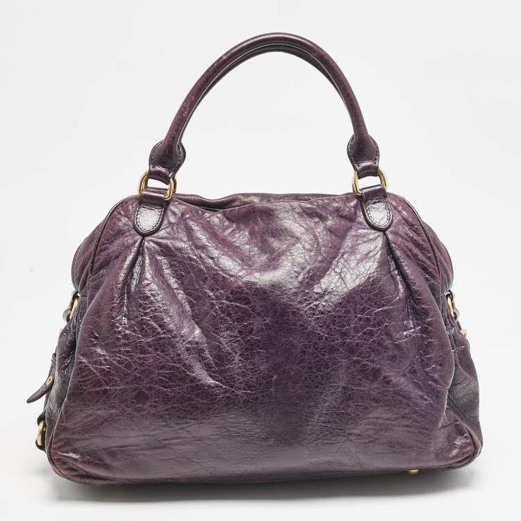 Pre Owned Miu Miu Purple Distressed Leather Charm Satchel