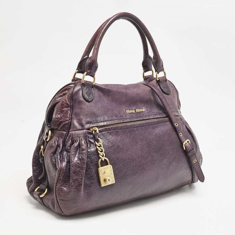 Pre Owned Miu Miu Purple Distressed Leather Charm Satchel