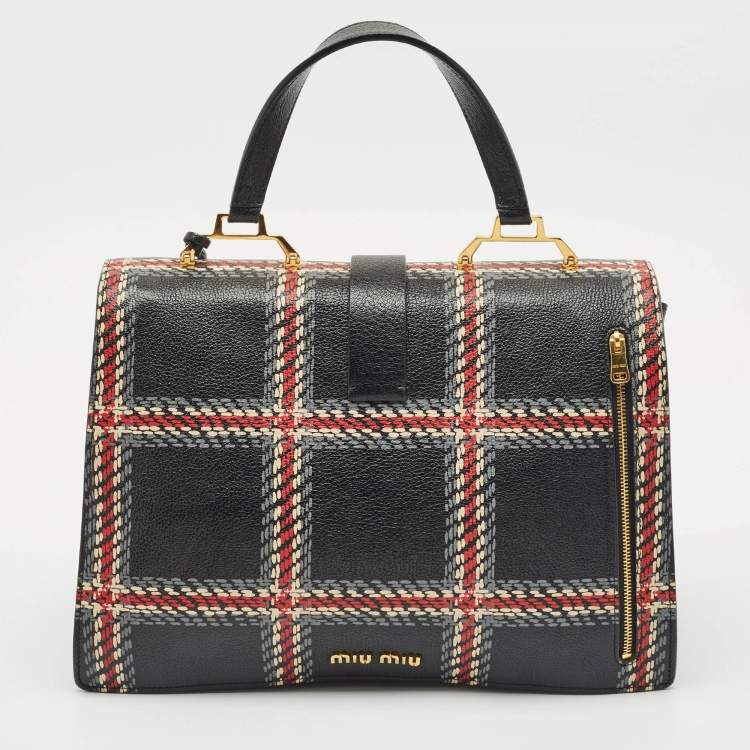 Pre Owned Miu Miu Black/Multicolor Print Leather Madras Top Handle Bag