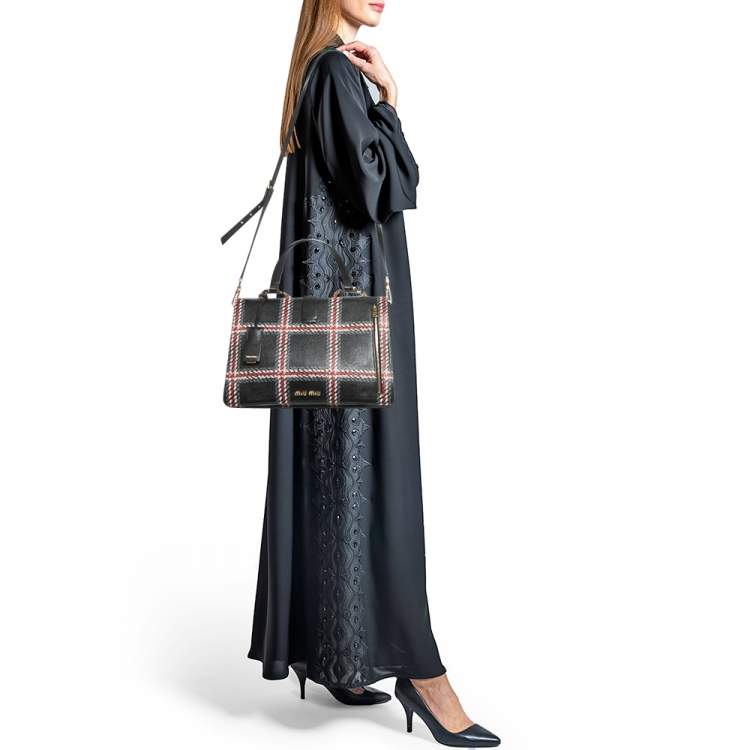 Pre Owned Miu Miu Black/Multicolor Print Leather Madras Top Handle Bag
