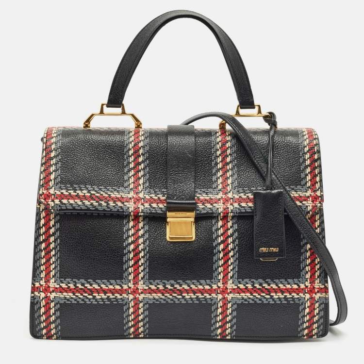 Pre Owned Miu Miu Black/Multicolor Print Leather Madras Top Handle Bag