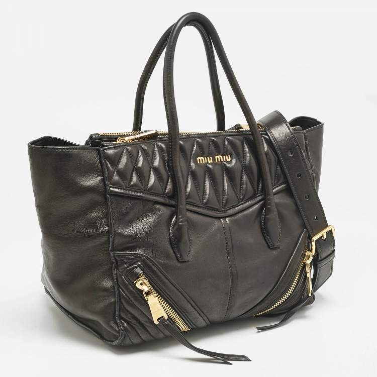 Pre Owned Miu Miu Black Matelasse Leather Biker Tote