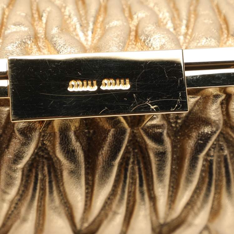 Pre Owned Miu Miu Gold Matelassé Leather Frame Clutch