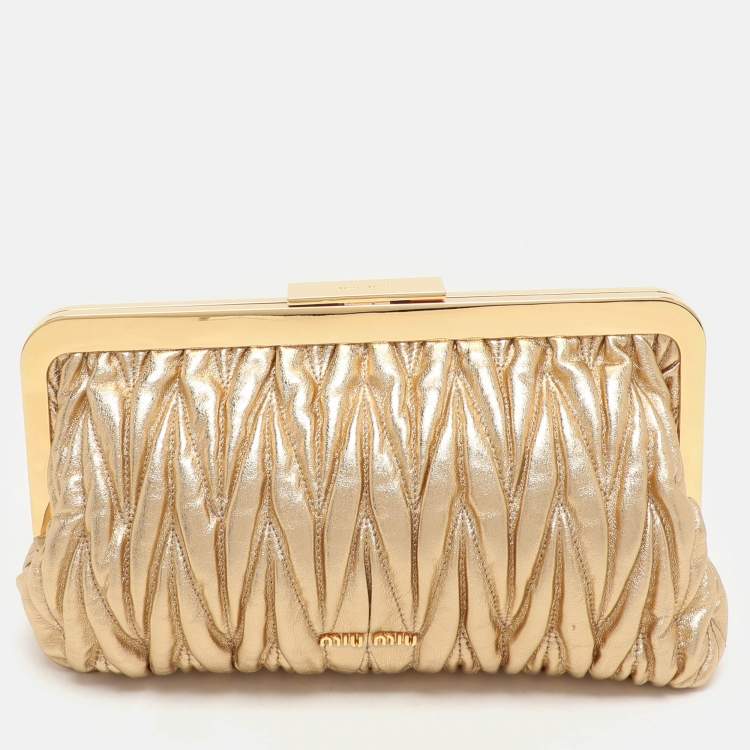 Pre Owned Miu Miu Gold Matelassé Leather Frame Clutch