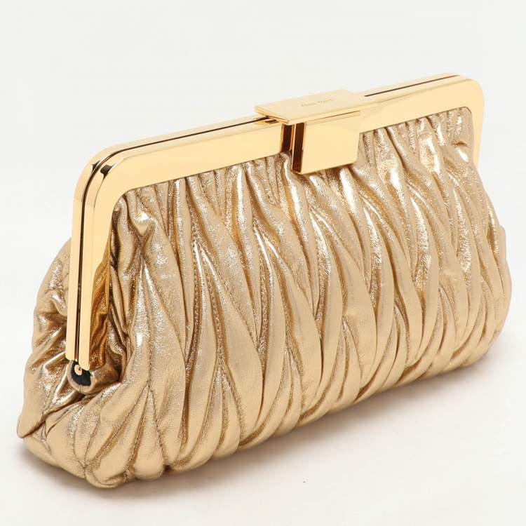 Pre Owned Miu Miu Gold Matelassé Leather Frame Clutch