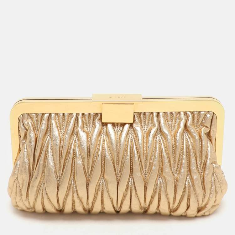 Pre Owned Miu Miu Gold Matelassé Leather Frame Clutch