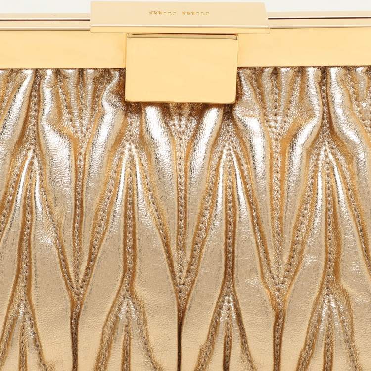 Pre Owned Miu Miu Gold Matelassé Leather Frame Clutch