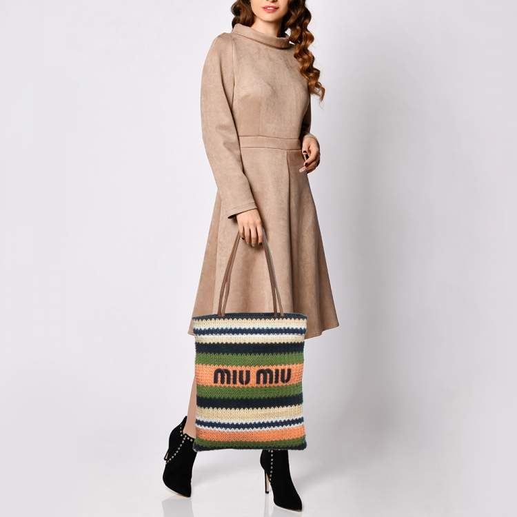 Pre Owned Miu Miu Multicolor Woven Raffia and Crochet Fabric Beach Tote