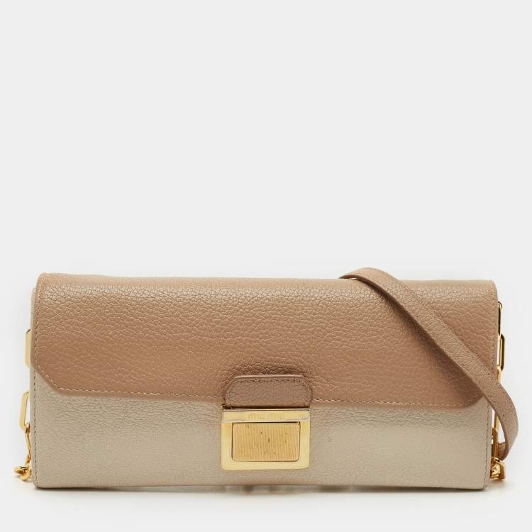 Pre Owned Miu Miu Two Tone Beige Leather Pushlock Flap Wallet on Chain