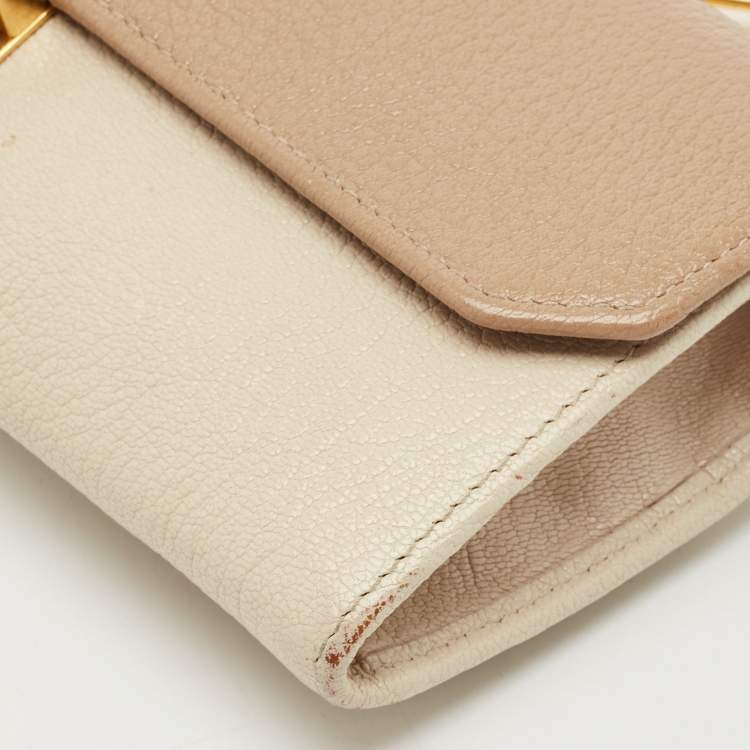 Pre Owned Miu Miu Two Tone Beige Leather Pushlock Flap Wallet on Chain