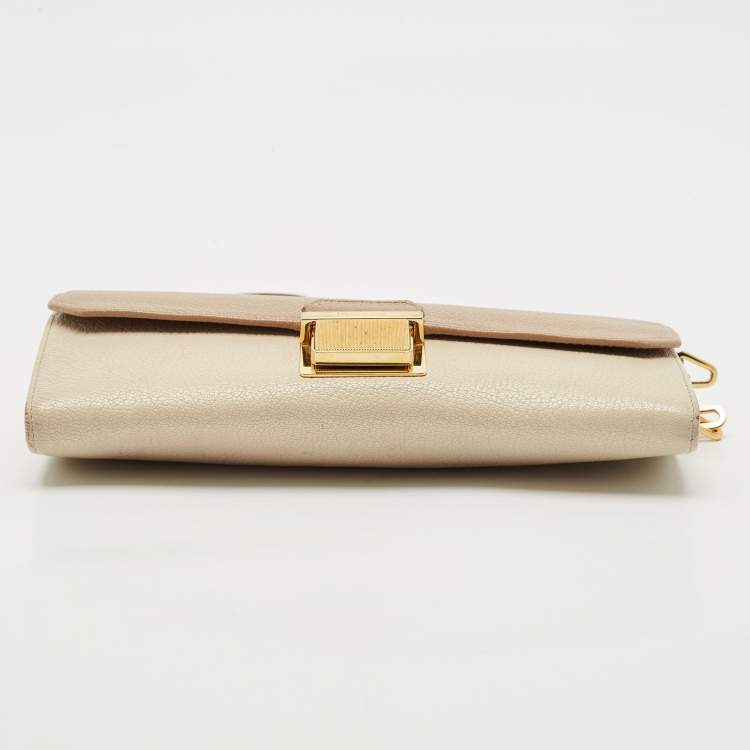 Pre Owned Miu Miu Two Tone Beige Leather Pushlock Flap Wallet on Chain