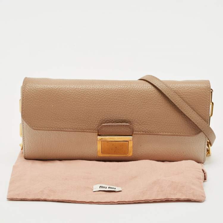 Pre Owned Miu Miu Two Tone Beige Leather Pushlock Flap Wallet on Chain