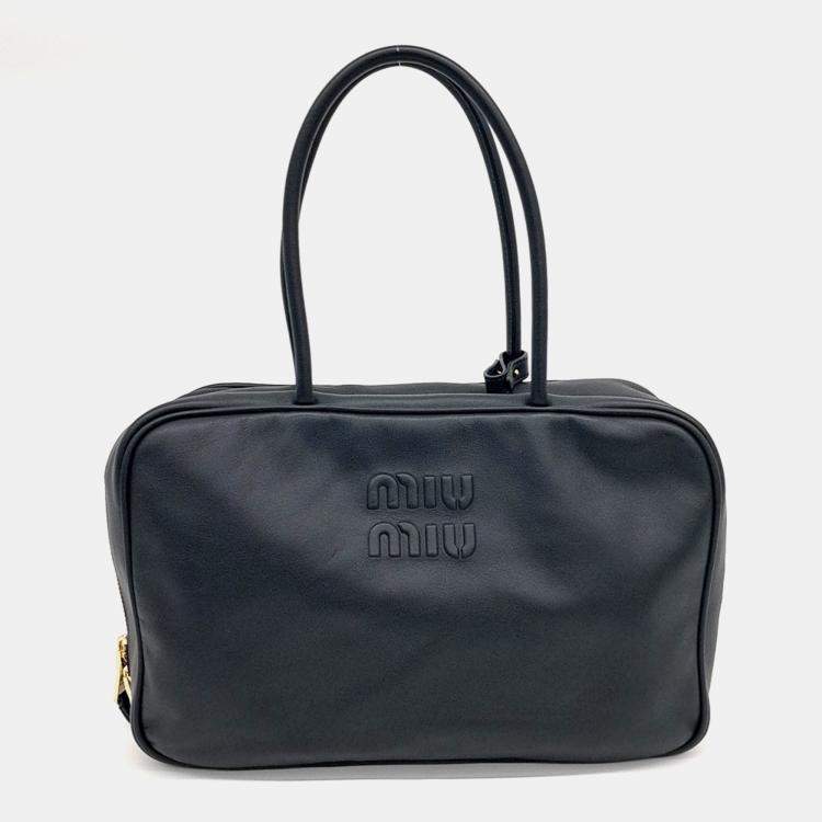 Pre Owned Miu Miu Black Leather Embossed Logo Bowling Bag