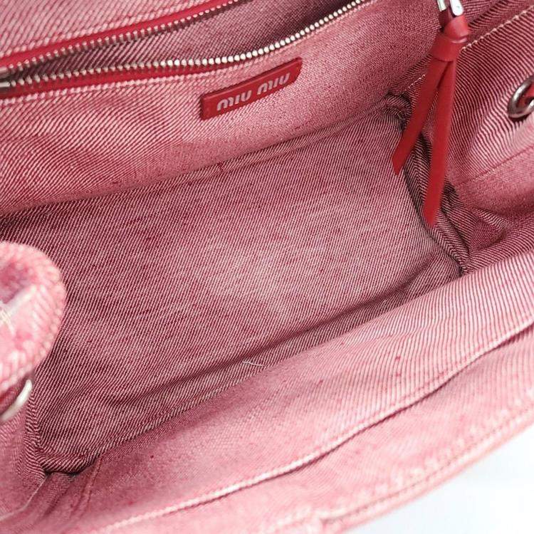 Pre Owned Miu Miu Red Fabric Denim Logo Tote and Shoulder Bag