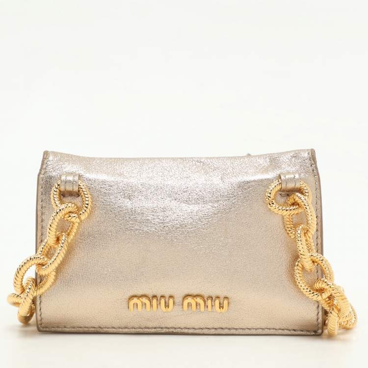 Pre Owned Miu Miu Gold Leather Crystal Embellishment Chain Card Holder