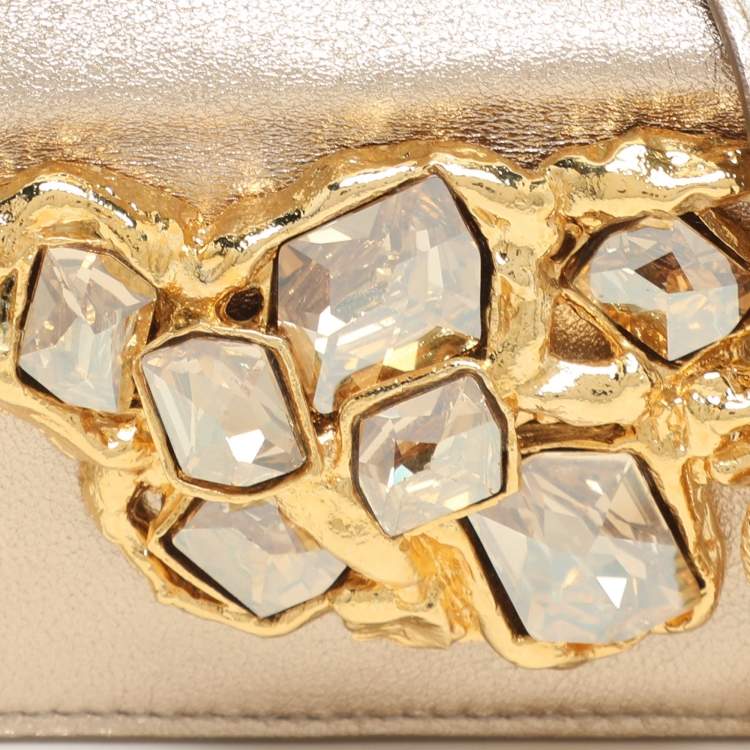 Pre Owned Miu Miu Gold Leather Crystal Embellishment Chain Card Holder
