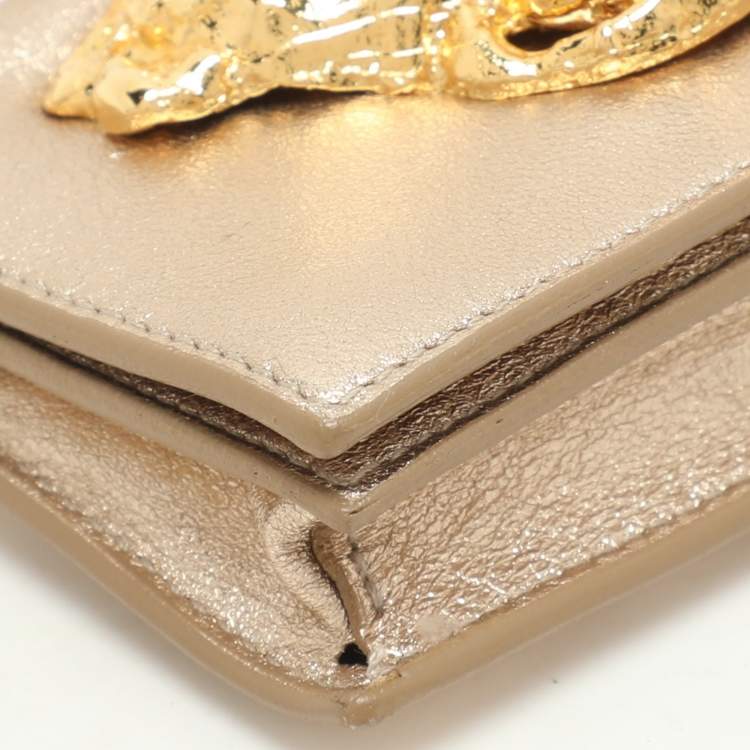Pre Owned Miu Miu Gold Leather Crystal Embellishment Chain Card Holder