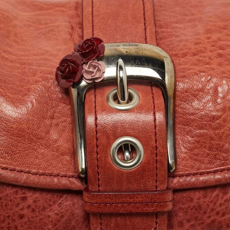 Pre Owned Miu Miu Brick Red Leather Embellished Buckle Flap Bag