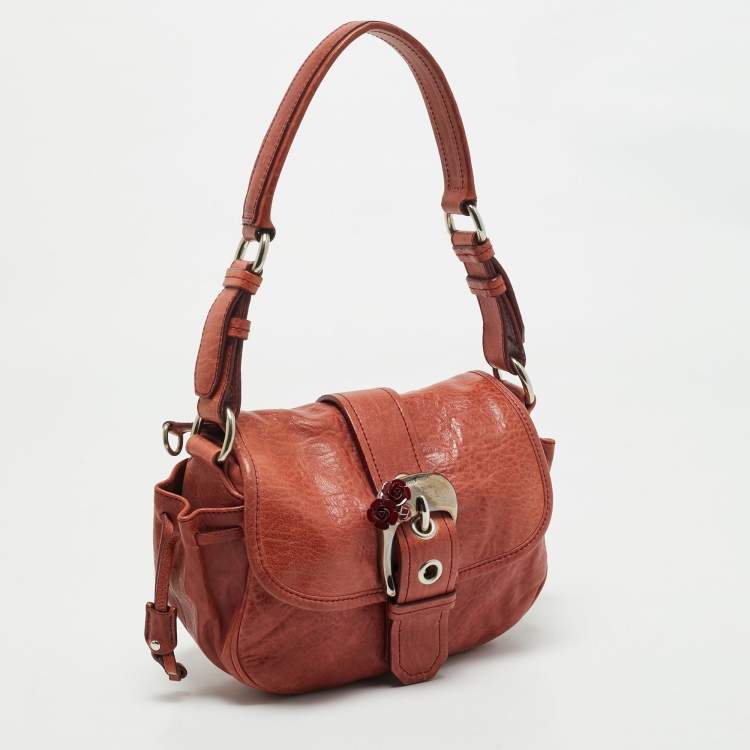 Pre Owned Miu Miu Brick Red Leather Embellished Buckle Flap Bag