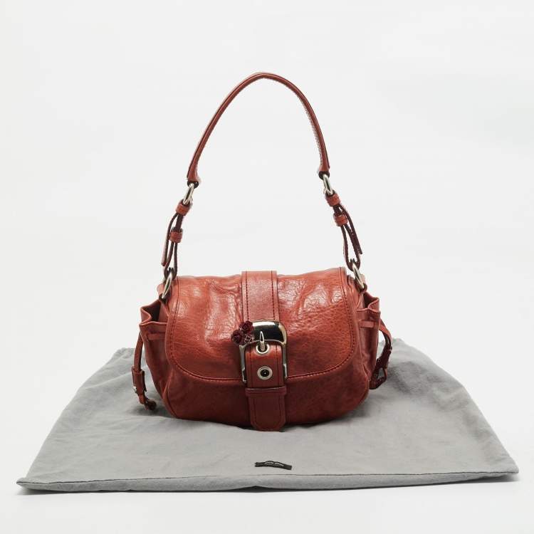 Pre Owned Miu Miu Brick Red Leather Embellished Buckle Flap Bag