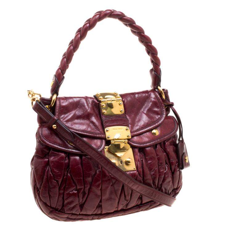 Pre Owned Miu Miu Burgundy Matelasse Lux Leather Small Coffer Hobo