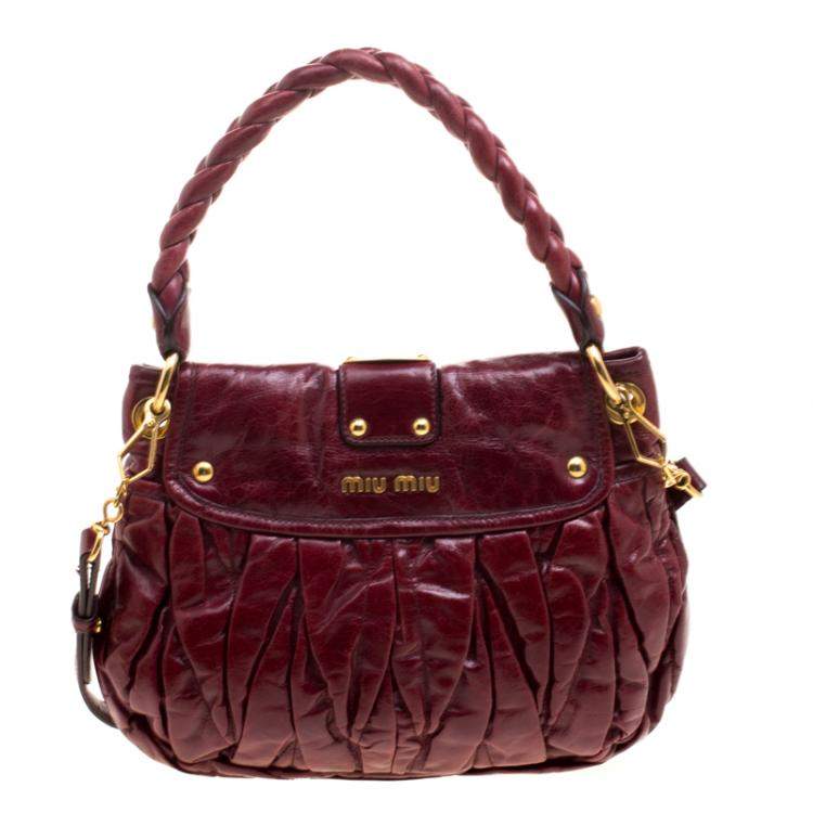 Pre Owned Miu Miu Burgundy Matelasse Lux Leather Small Coffer Hobo