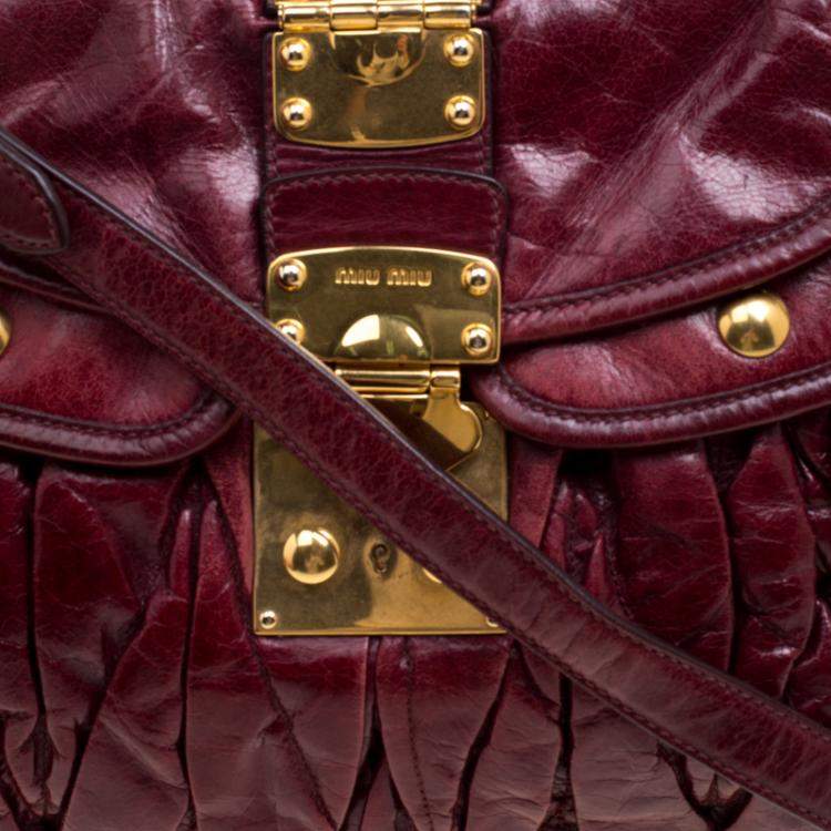 Pre Owned Miu Miu Burgundy Matelasse Lux Leather Small Coffer Hobo