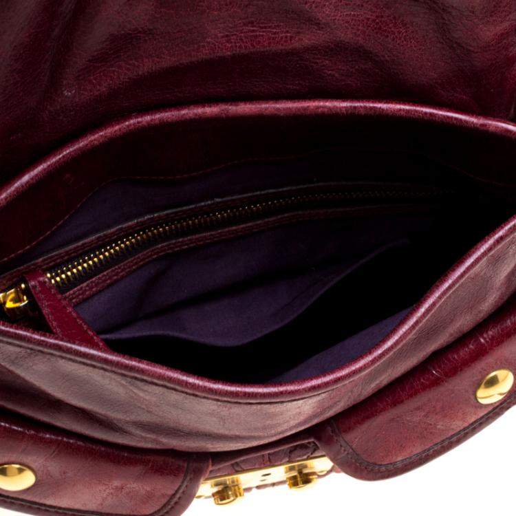 Pre Owned Miu Miu Burgundy Matelasse Lux Leather Small Coffer Hobo