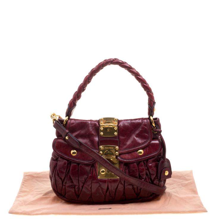 Pre Owned Miu Miu Burgundy Matelasse Lux Leather Small Coffer Hobo