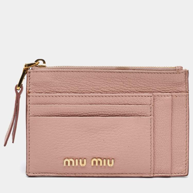 Pre Owned Miu Miu Light Pink Leather Madras Zip Card Case