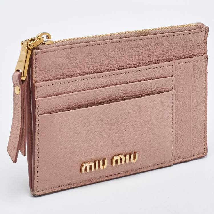 Pre Owned Miu Miu Light Pink Leather Madras Zip Card Case