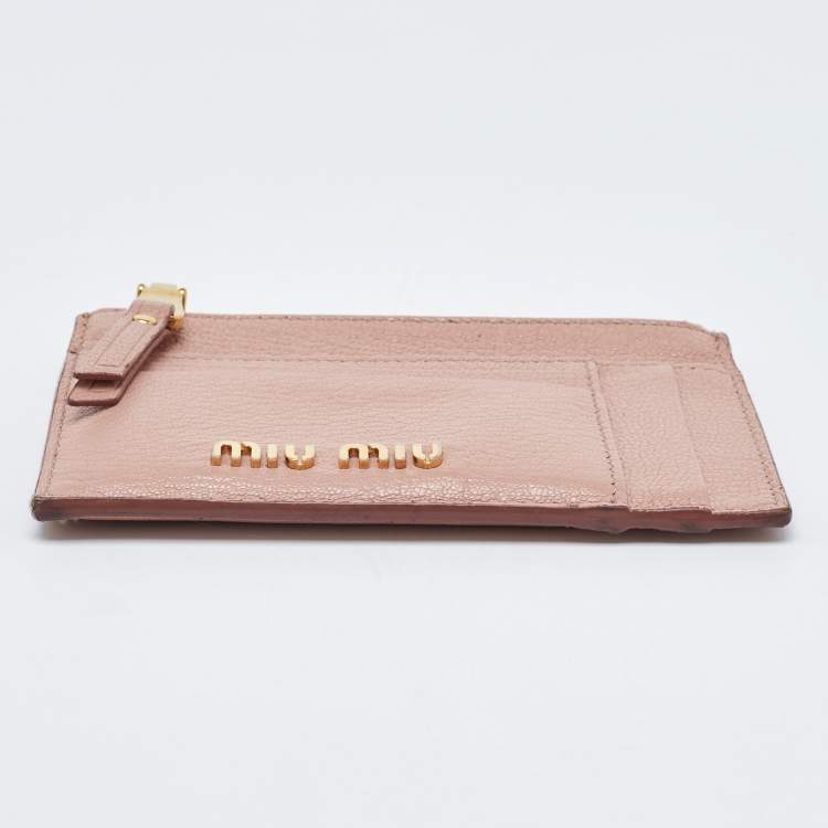 Pre Owned Miu Miu Light Pink Leather Madras Zip Card Case