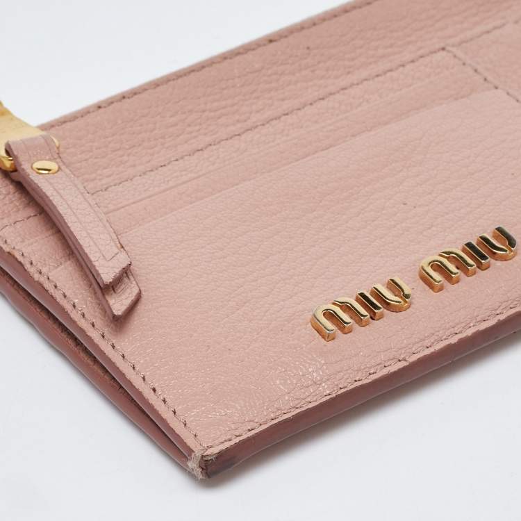 Pre Owned Miu Miu Light Pink Leather Madras Zip Card Case