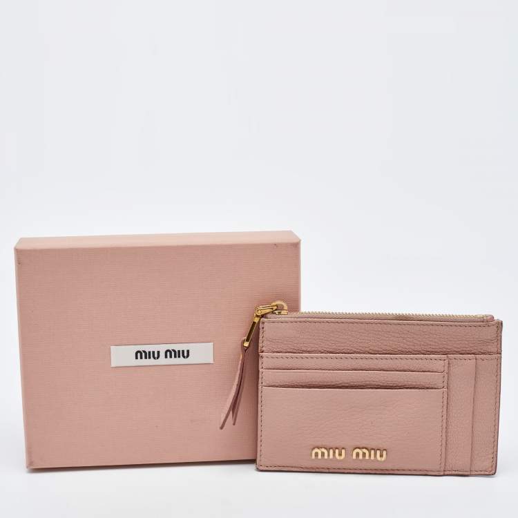 Pre Owned Miu Miu Light Pink Leather Madras Zip Card Case
