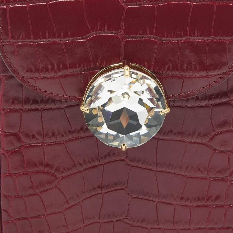 Pre Owned Miu Miu Burgundy Croc Embossed Leather Crystals Flap Phone Crossbody Bag