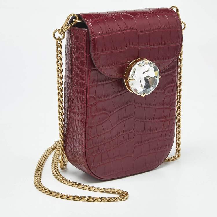 Pre Owned Miu Miu Burgundy Croc Embossed Leather Crystals Flap Phone Crossbody Bag