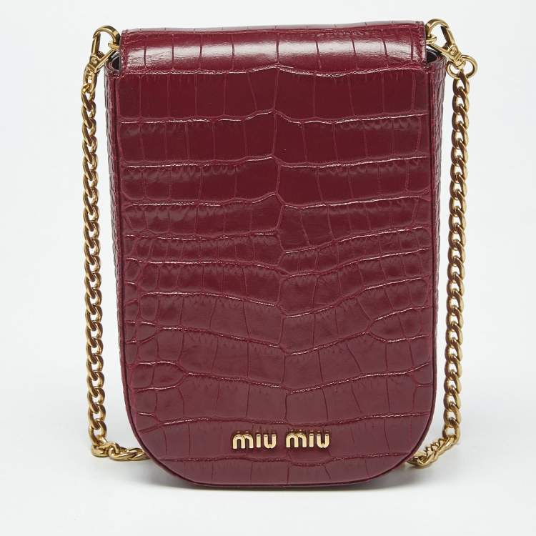 Pre Owned Miu Miu Burgundy Croc Embossed Leather Crystals Flap Phone Crossbody Bag