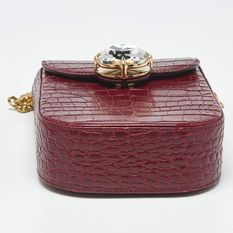 Pre Owned Miu Miu Burgundy Croc Embossed Leather Crystals Flap Phone Crossbody Bag