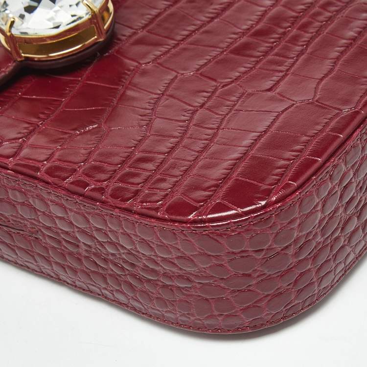 Pre Owned Miu Miu Burgundy Croc Embossed Leather Crystals Flap Phone Crossbody Bag